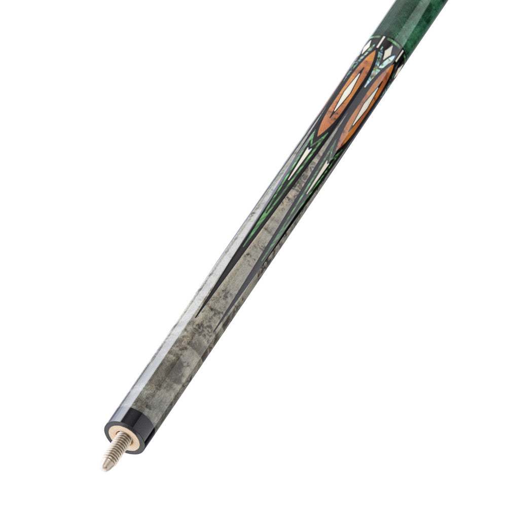 Angled view showcasing the joint and shaft of the pool cue.