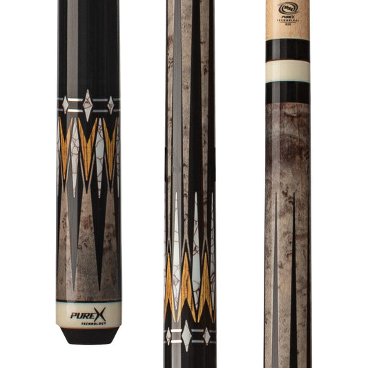 Pure X HXT101 cue butt with grey stain birdseye maple and bocote design.