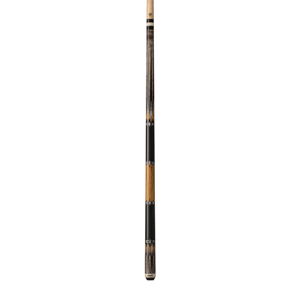 Full view of the cue showcasing its segmented design and wood grain.