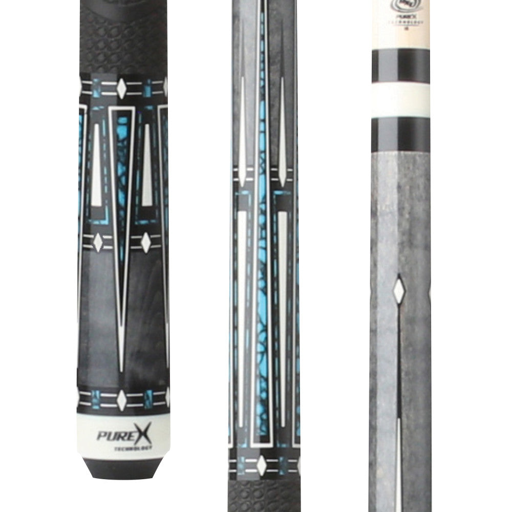 Pure X HXT pool cue showing butt graphics and shaft close-up.