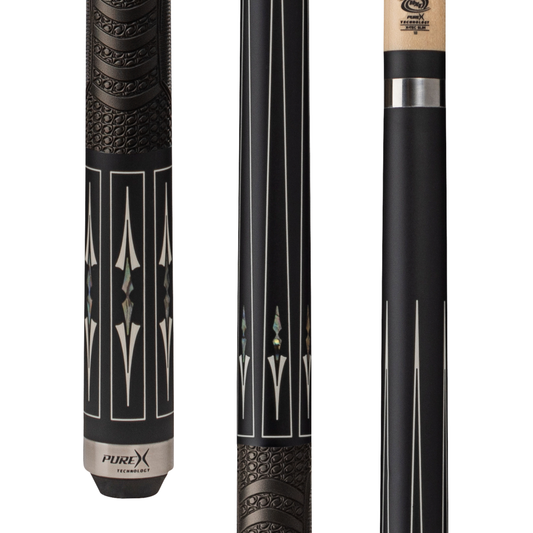 Pure X HXT105 cue with matte black finish and mother of pearl graphic design.