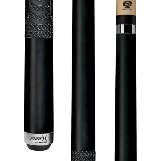 Pure X HXTC13 pool cue butt detail highlighting the Matte Black finish and MZ Multi-Zone grip texture.
