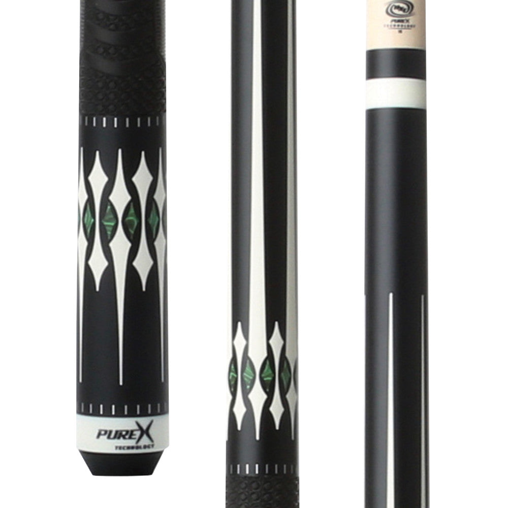 Pure X HXT pool cue with matte black finish and green malachite accents.