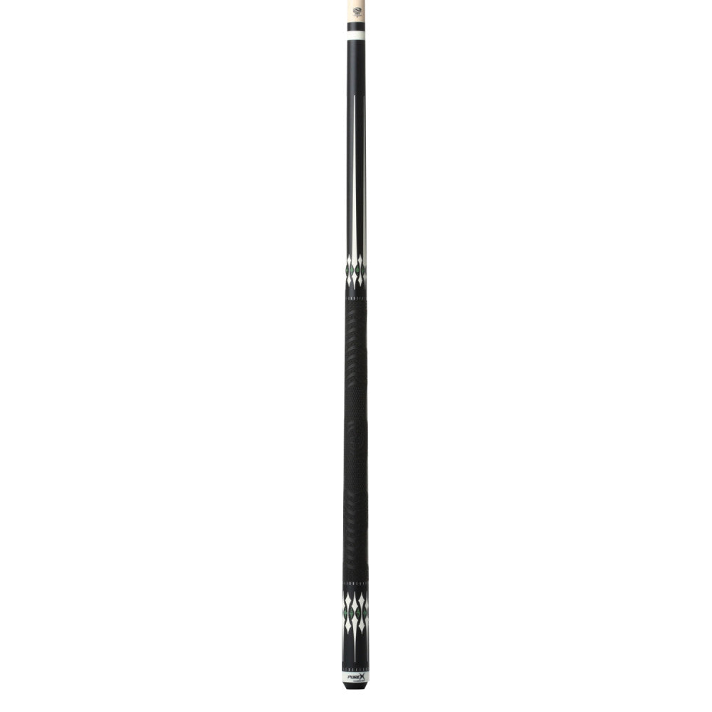 Full view of the HXT pool cue with black grip and white graphic design.