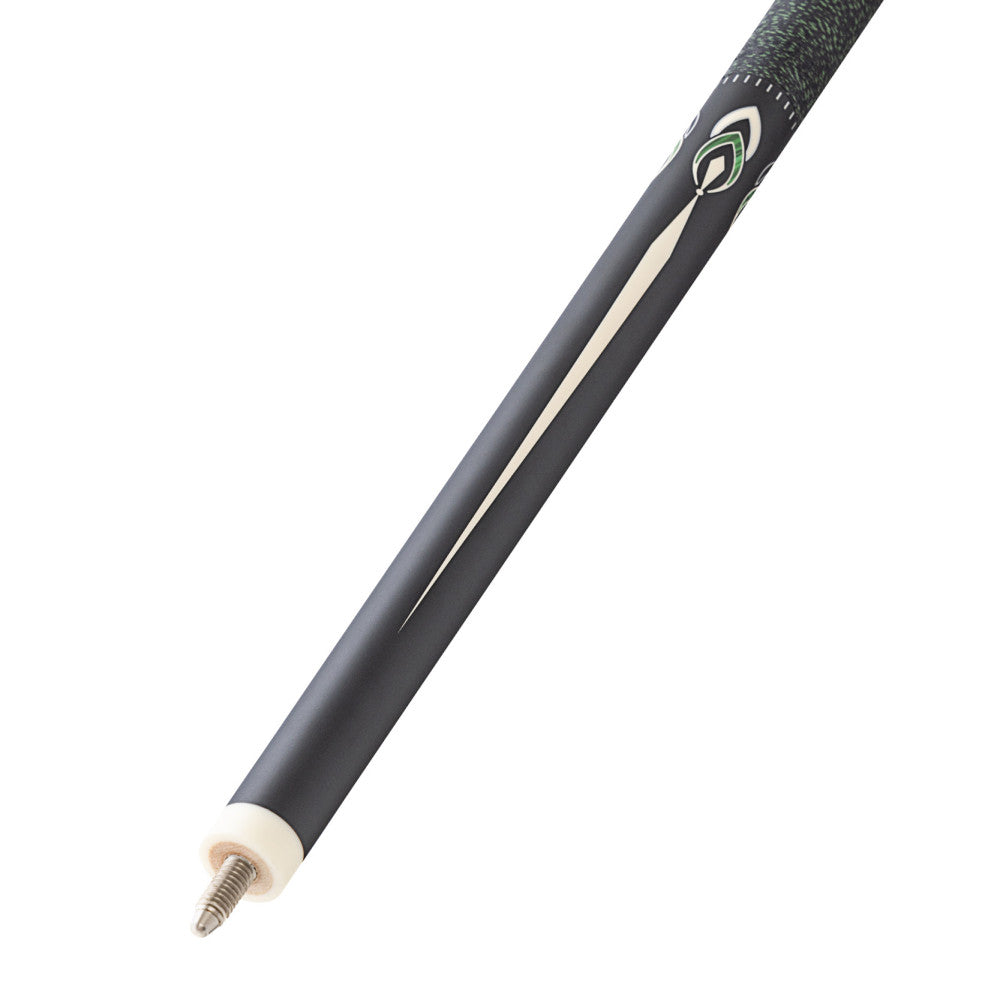 Angled view of the cue shaft's joint and inlay pattern detail
