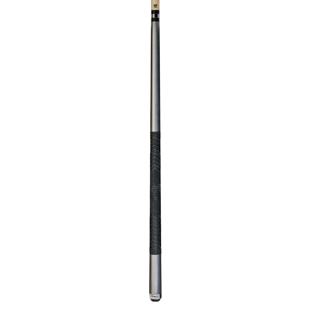 Full profile view of the Pure X HXTC14 billiard cue stick showcasing the non-glare silver and black design.