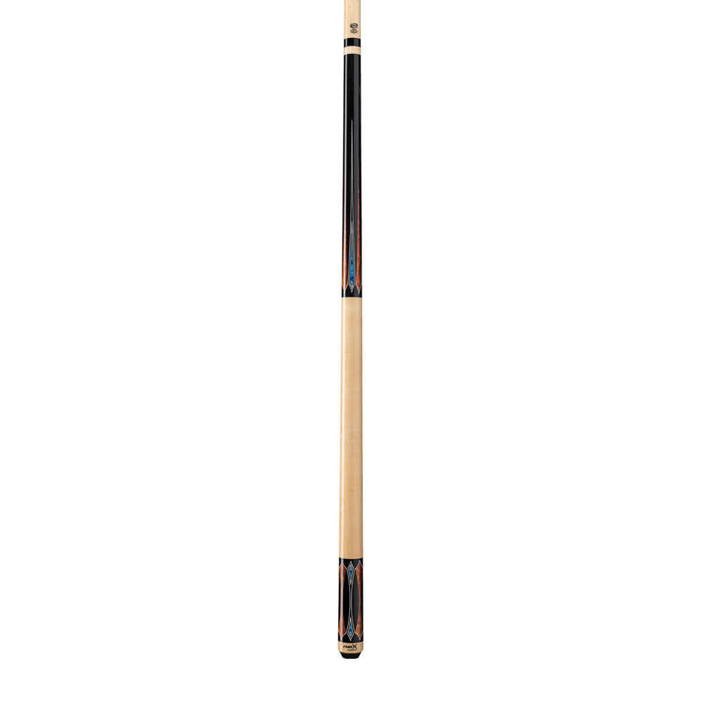 Two-piece pool cue in full view on white background.