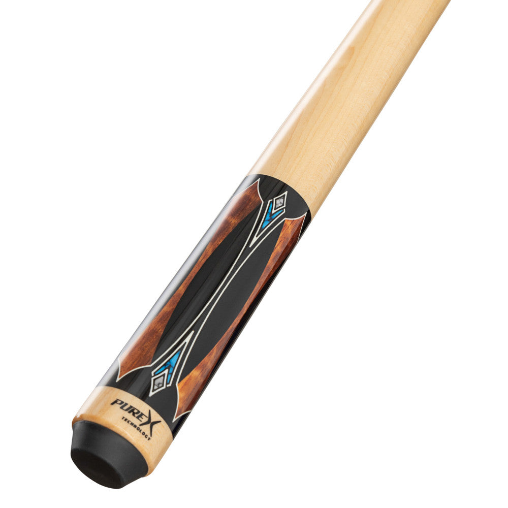 Close-up angled view of the cue butt's design details.