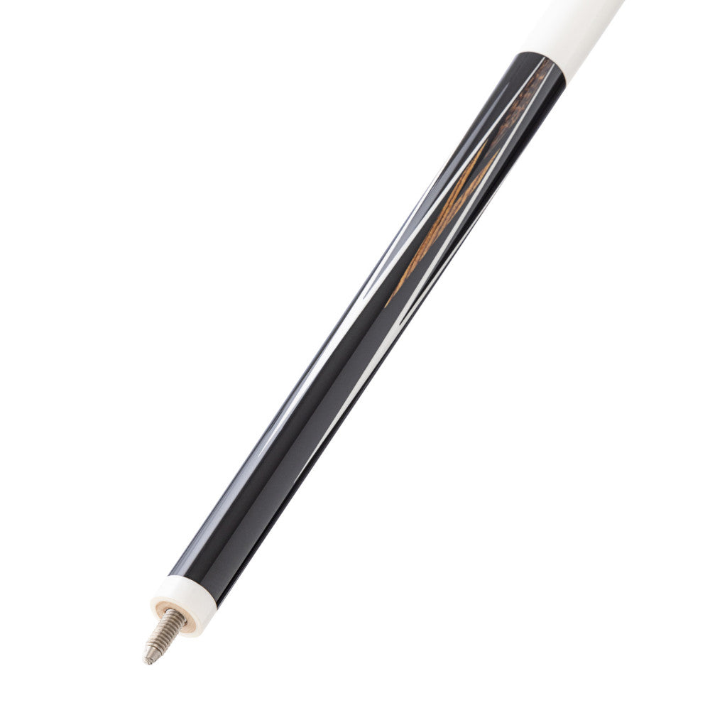 Angled view of the shaft with Bocote points on the cue