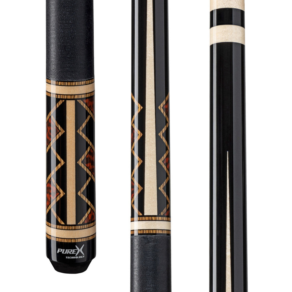 Pure X HXTE cue with black linen wrap and inlaid geometric design.