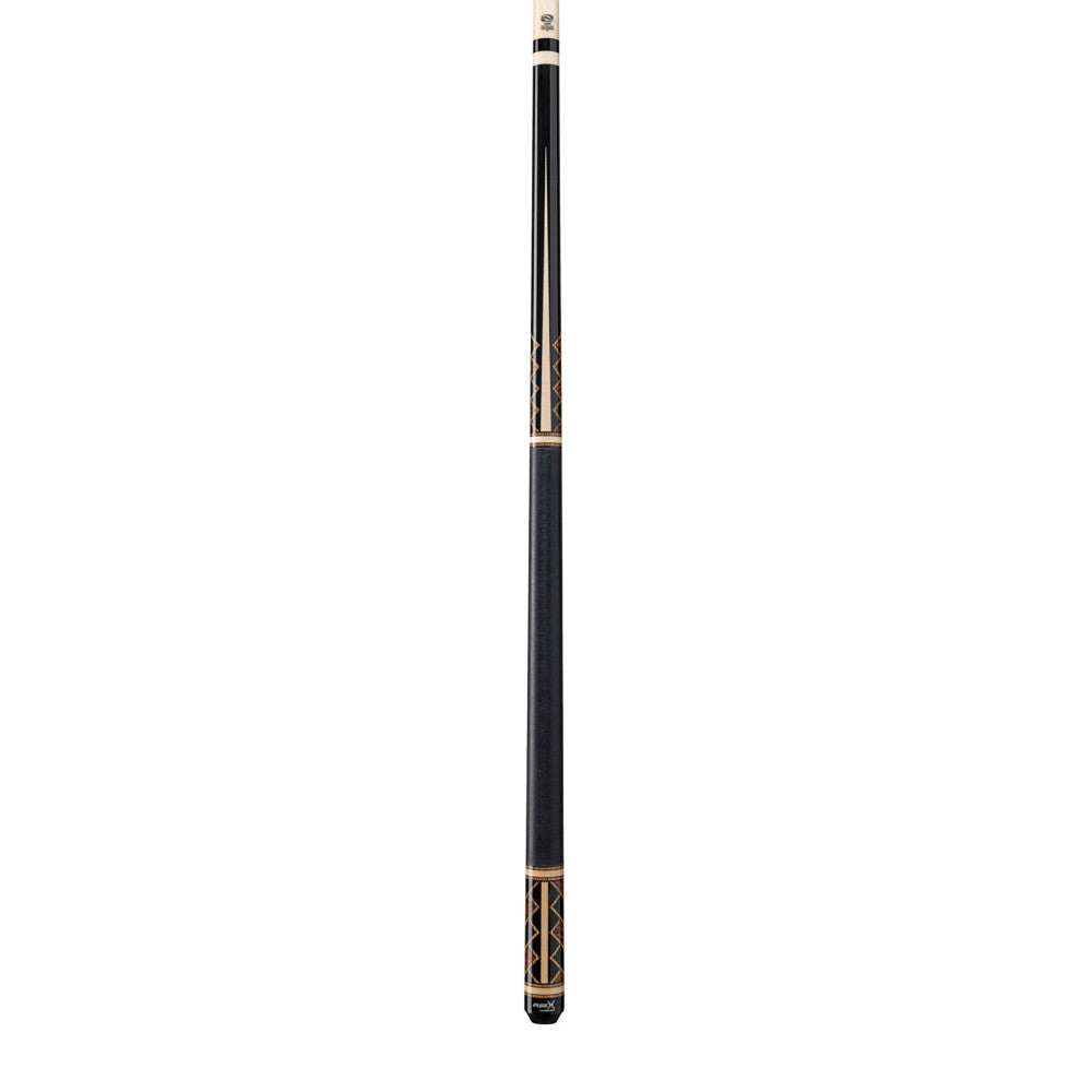 Full view of the black and natural maple pool cue with Bocote and Thuya