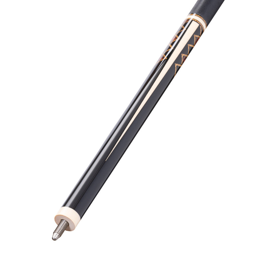 Angled view of the cue shaft showing the ferrule and joint connection.