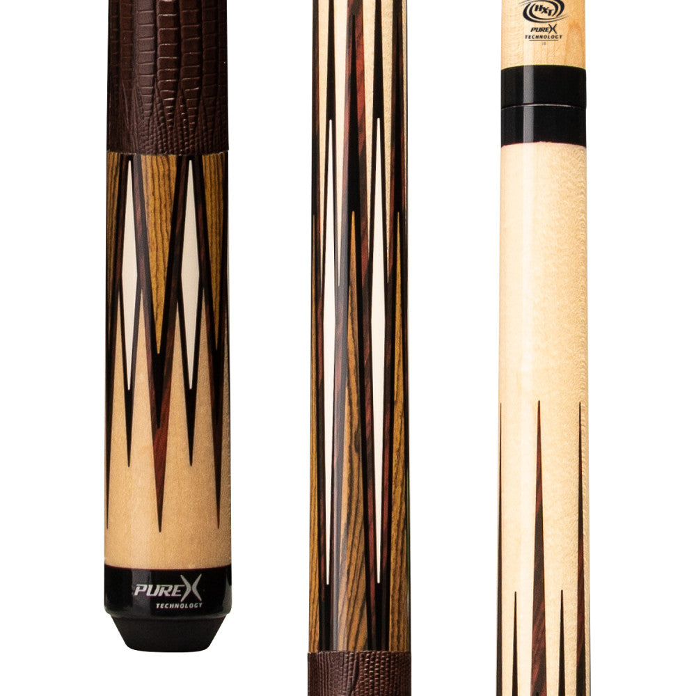 Pure X HXTE14 pool cue butt detail highlighting the natural birdseye grain, cocobolo wood, and brown embossed leather wrap.