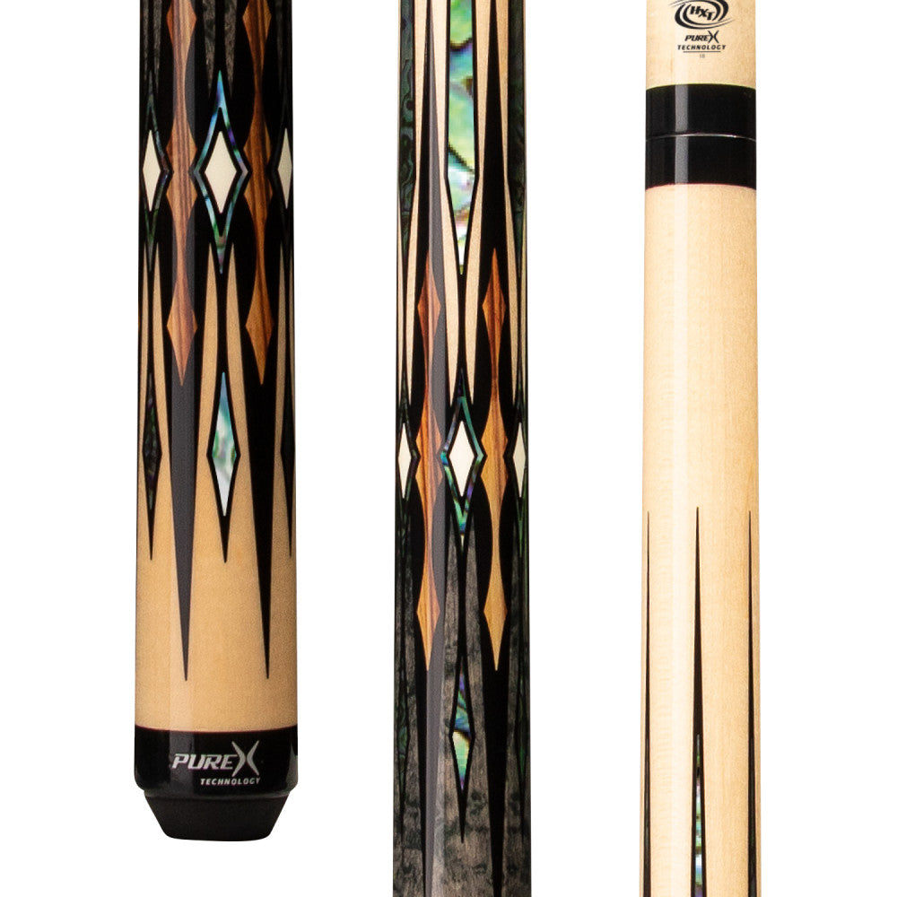 Pure X HXTE12 pool cue butt detail highlighting the zebrawood grain, birdseye maple forearm, and bocote wood points.