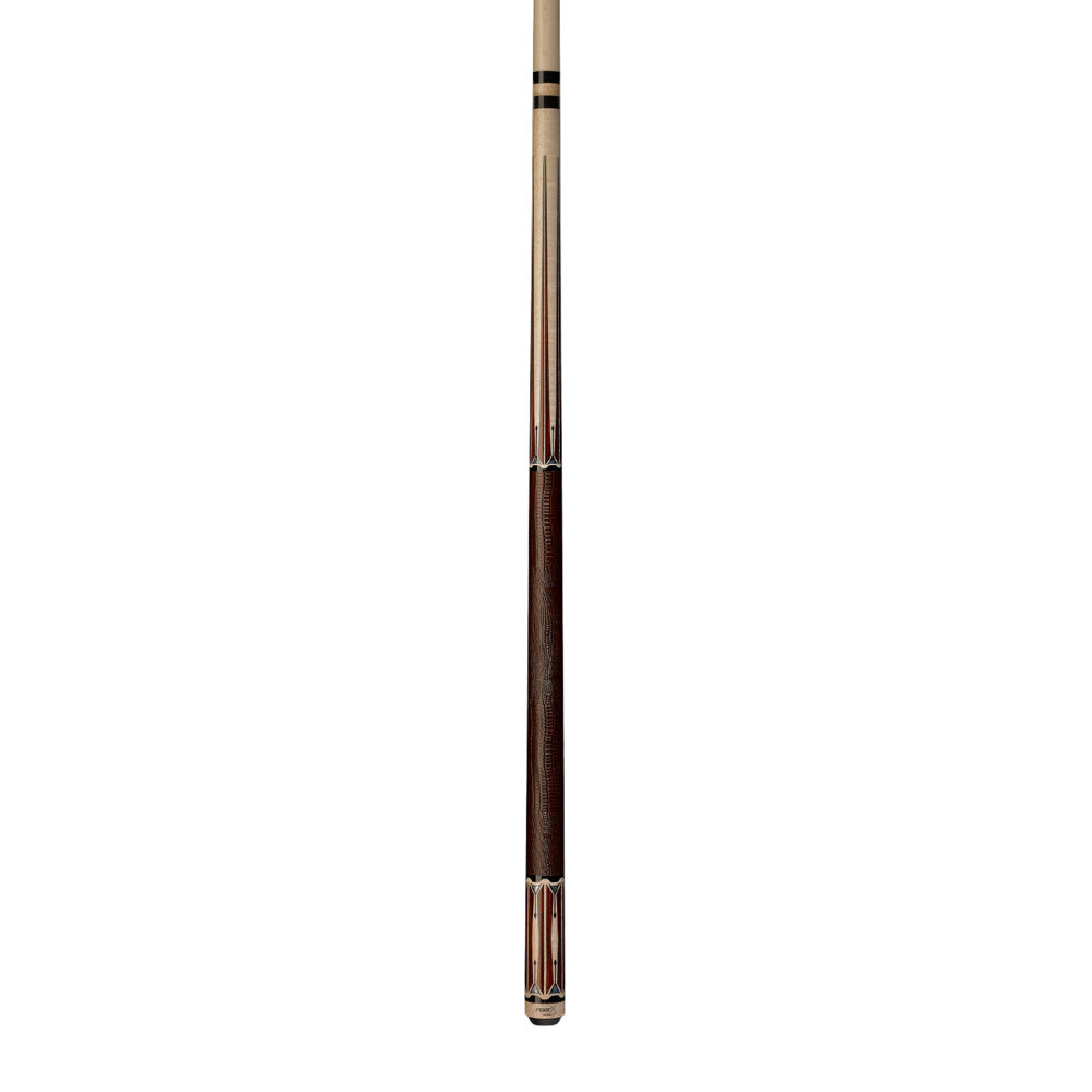 Full view of a two-piece billiard cue with brown grip