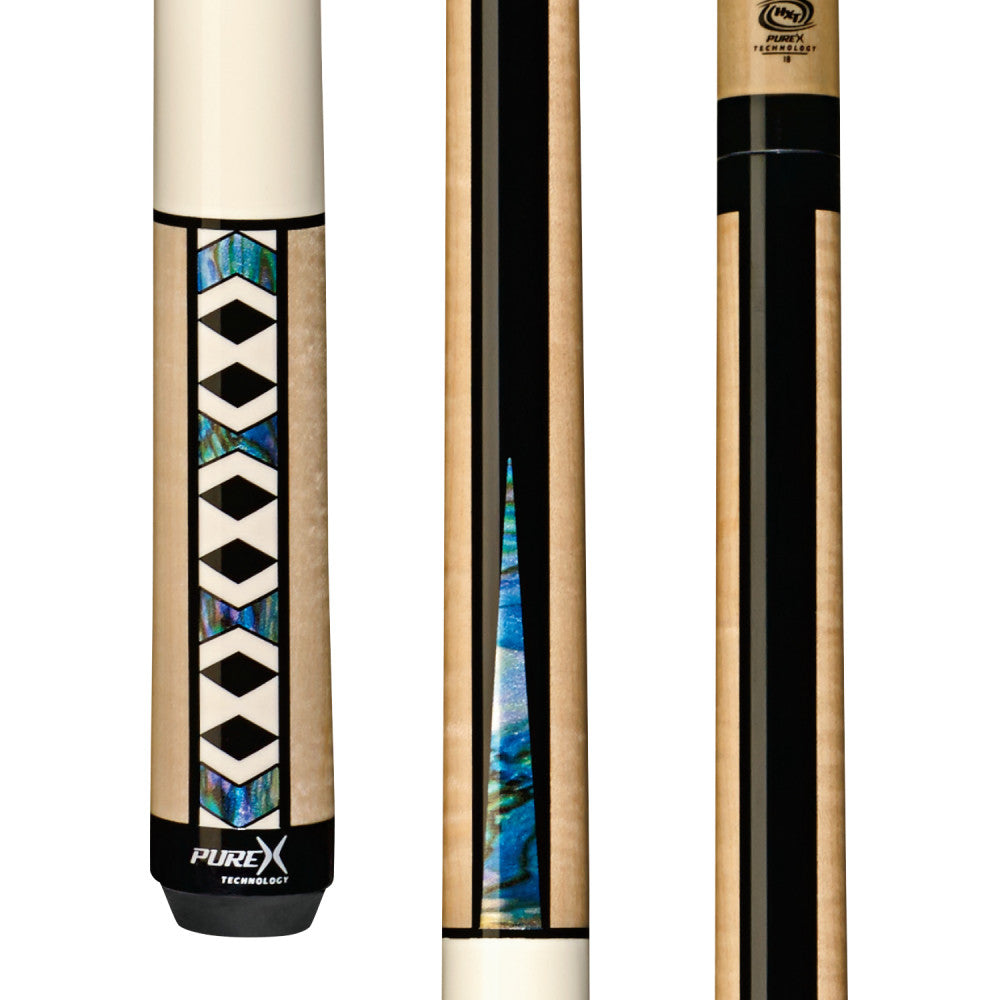Pure X HXTE9 pool cue butt with geometric inlay and shaft sections.