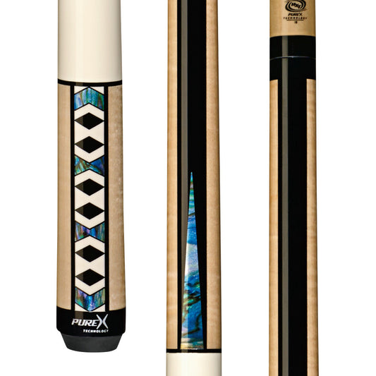 Pure X HXTE9 pool cue butt with geometric inlay and shaft sections.