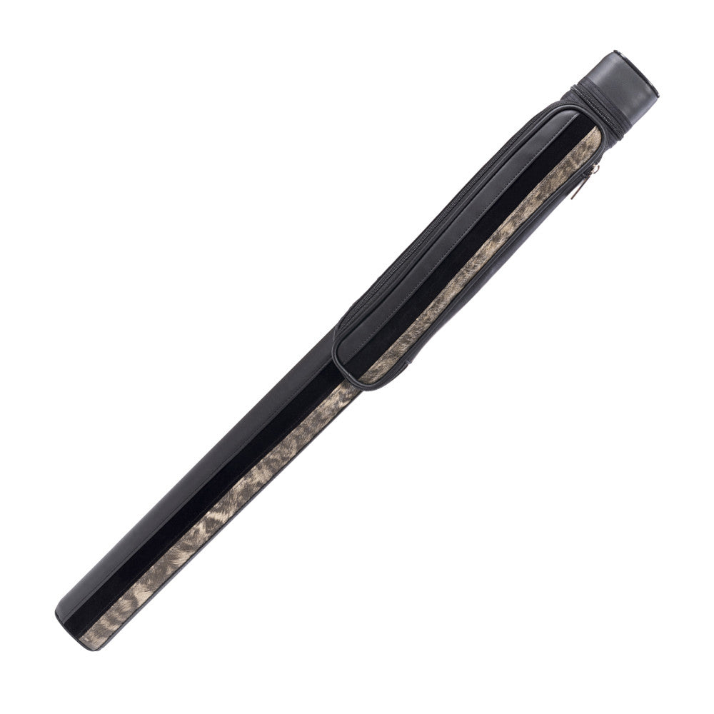 Black leatherette cue case with camouflage accent panel and zipper