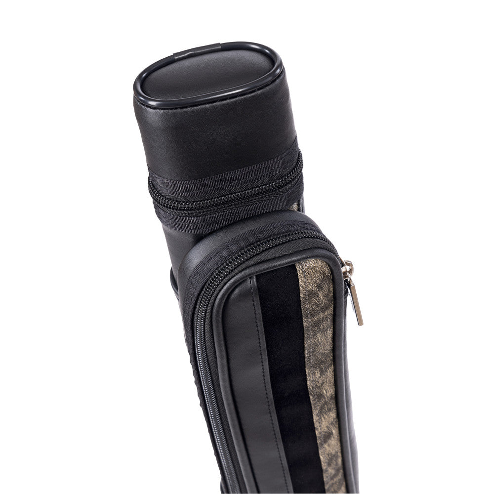 Close-up of the top of a black cue case with zippered pocket detail