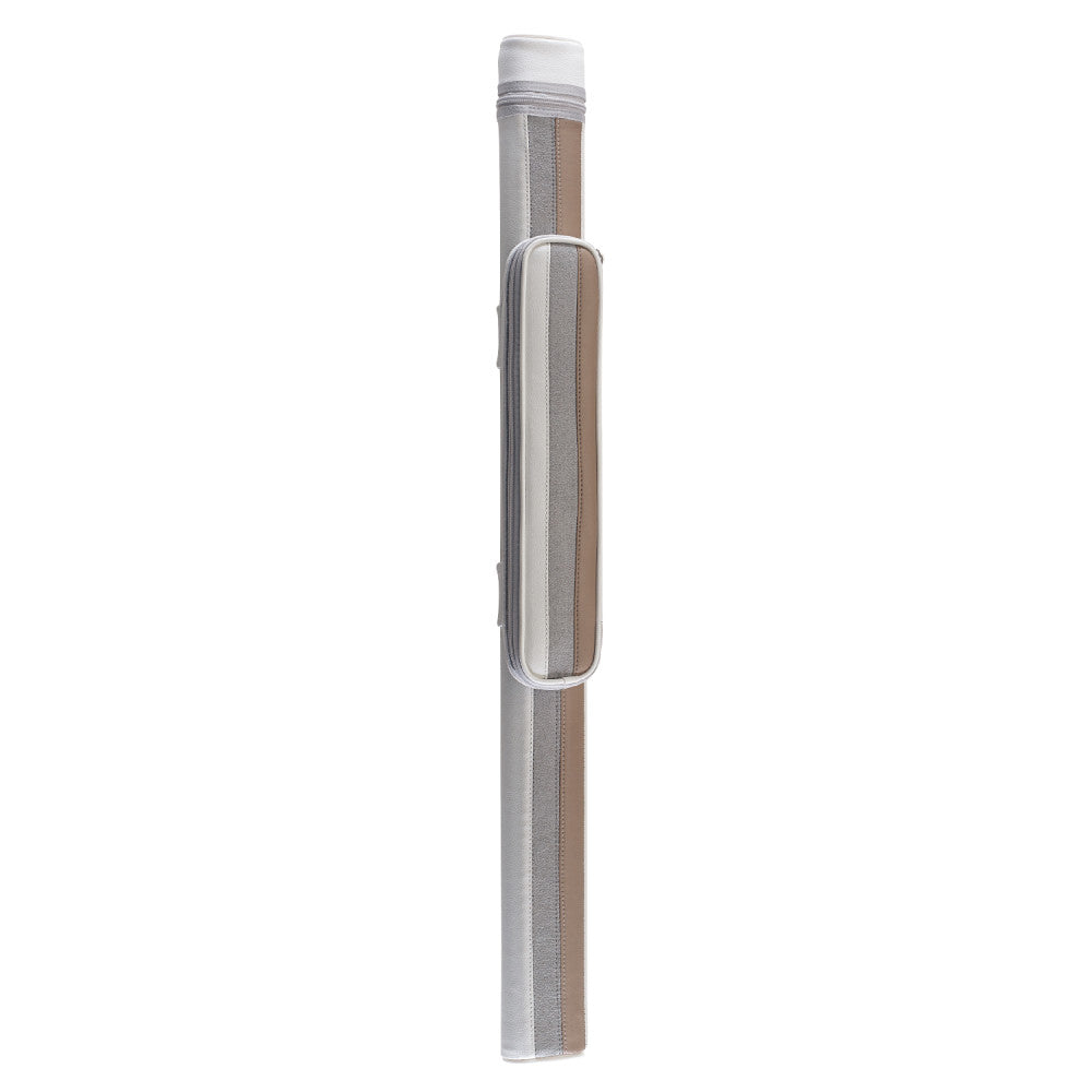 White leatherette cue case with striped accent panel and strap closure