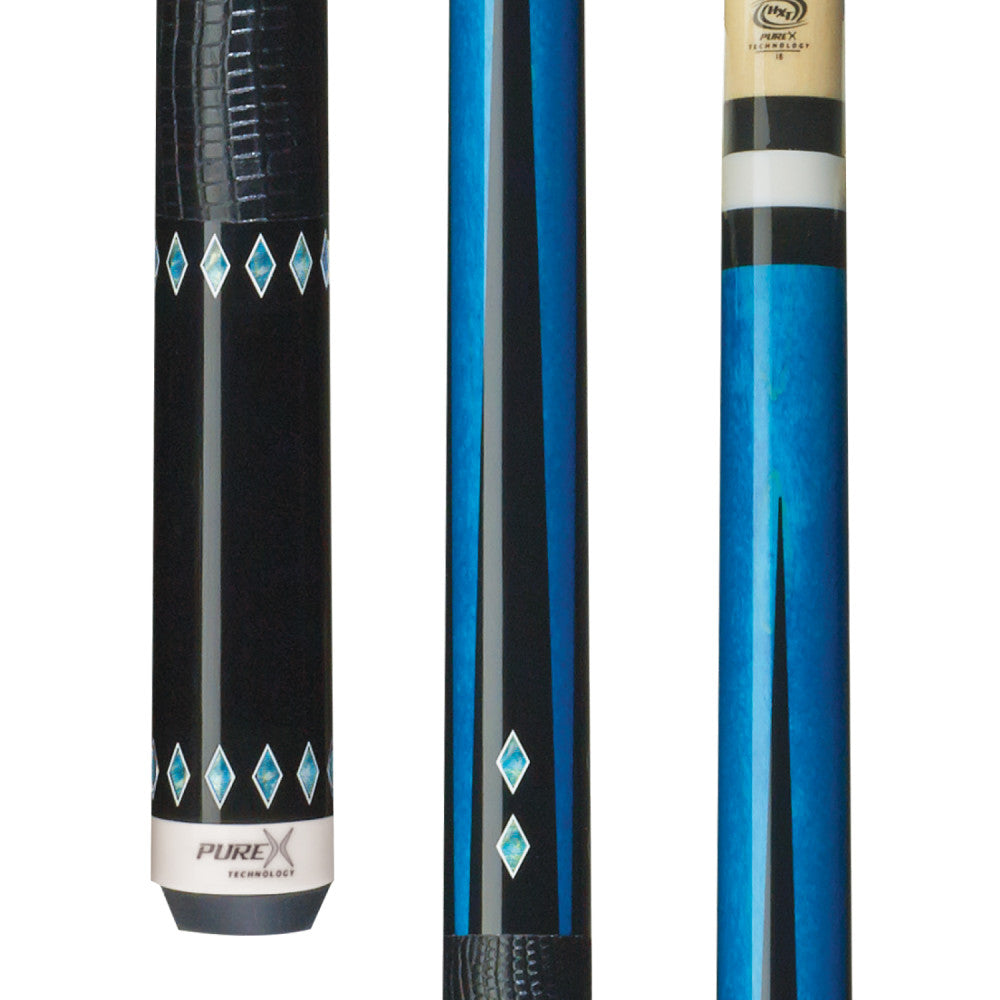 Pure X HXT32 pool cue butt detail featuring teal birdseye maple grain and black embossed leather wrap.