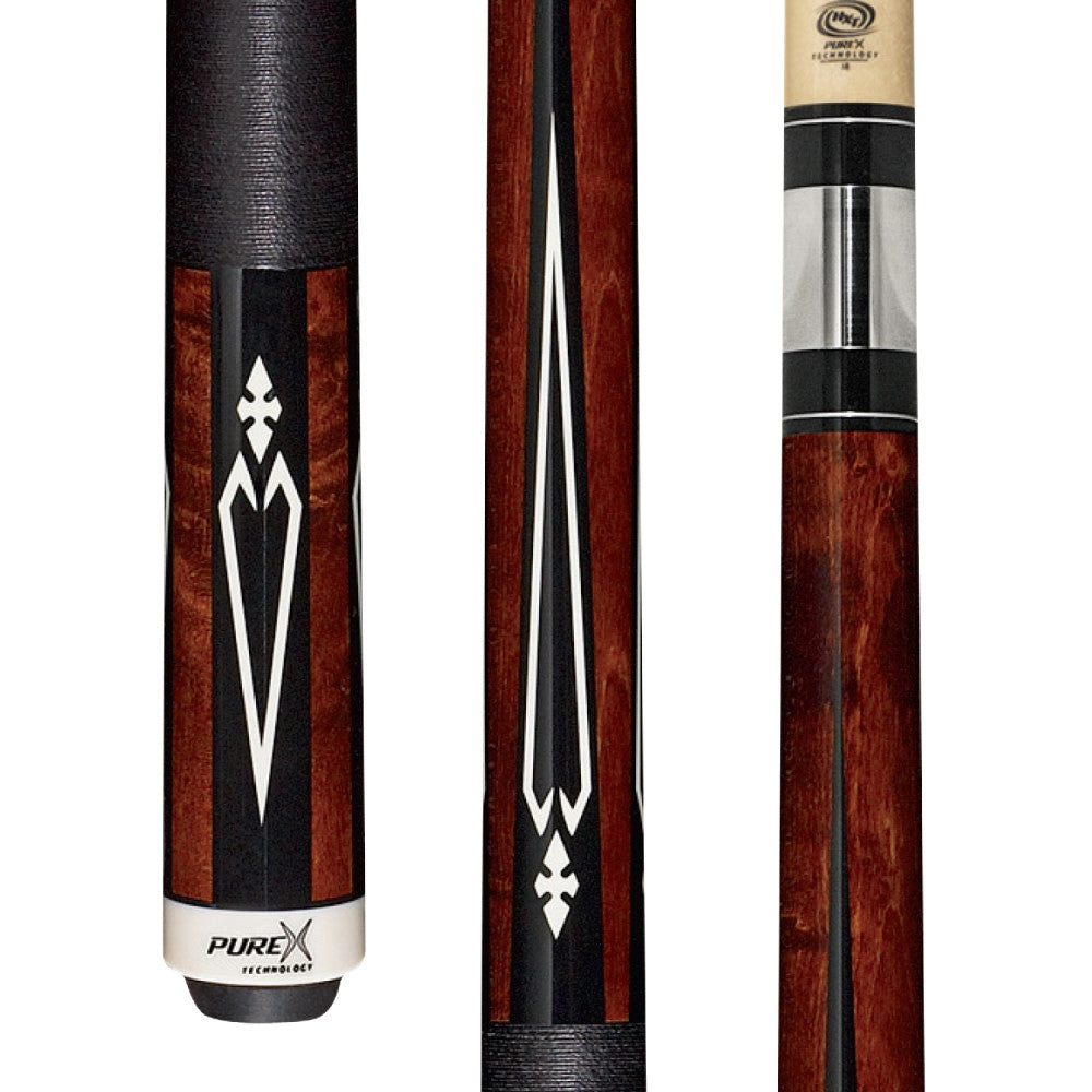 Pure X HXT15 pool cue butt detail highlighting the walnut birdseye maple and black/white diamond inlays.