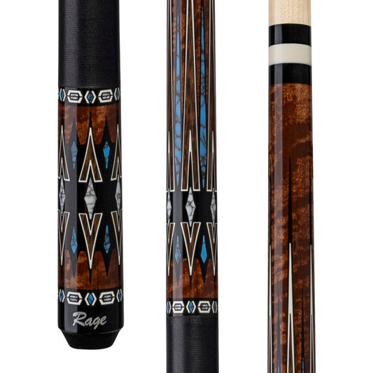 Rage Almond Central pool cue with black linen wrap and geometric graphic design. RG220