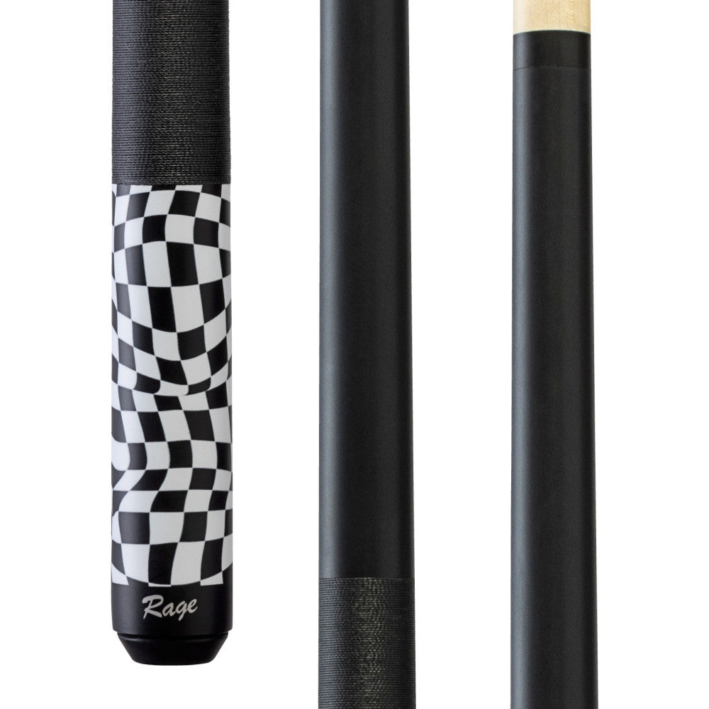Rage Black Checker Flag Cue butt with black linen wrap and shaft. RG