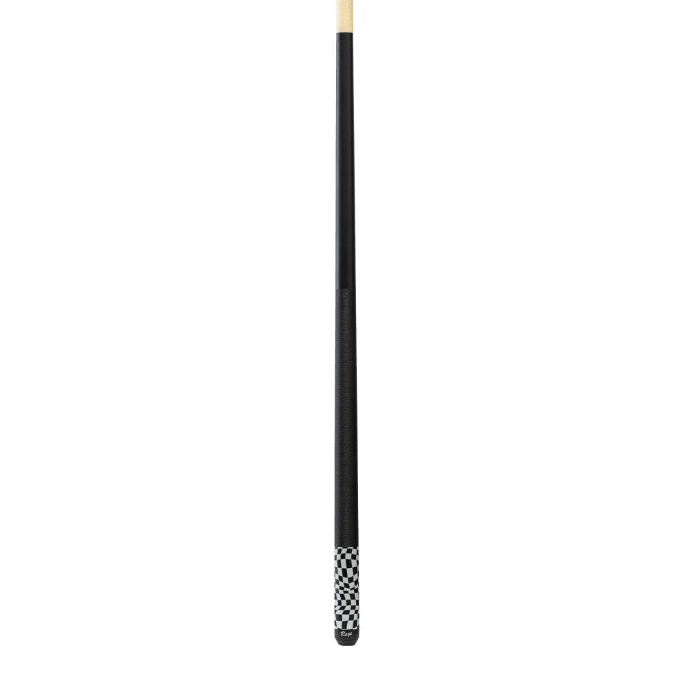 Full view of a black pool cue with checker flag accent on the butt.