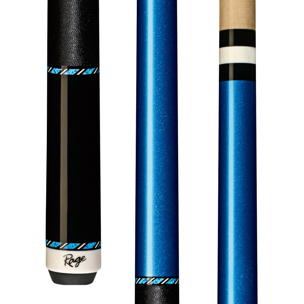 Rage RGC10 pool cue butt and shaft sections showing blue finish and black wrap.