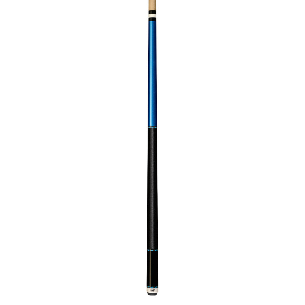 Full view of the two-piece pool cue with blue and black sections.