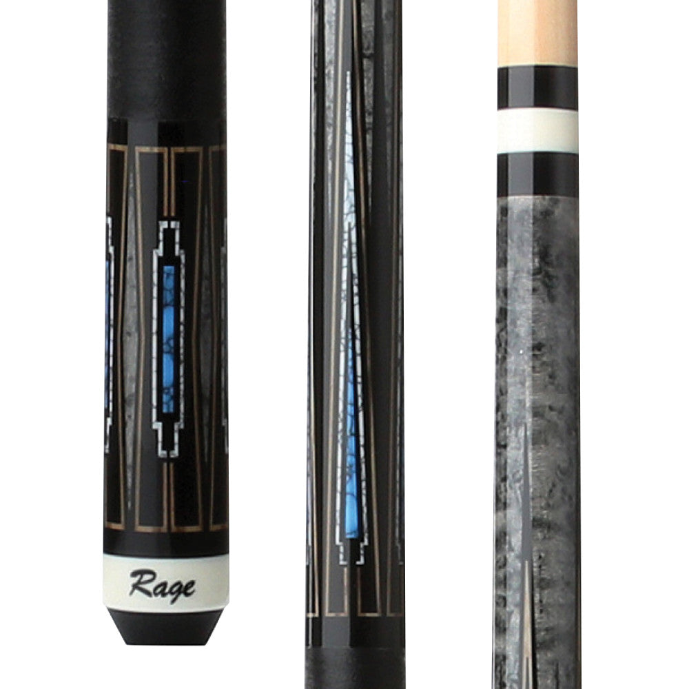 Rage Blue Deco RG217 pool cue butt with black nylon wrap and shaft detail.