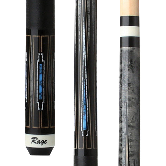Rage Blue Deco RG217 pool cue butt with black nylon wrap and shaft detail.