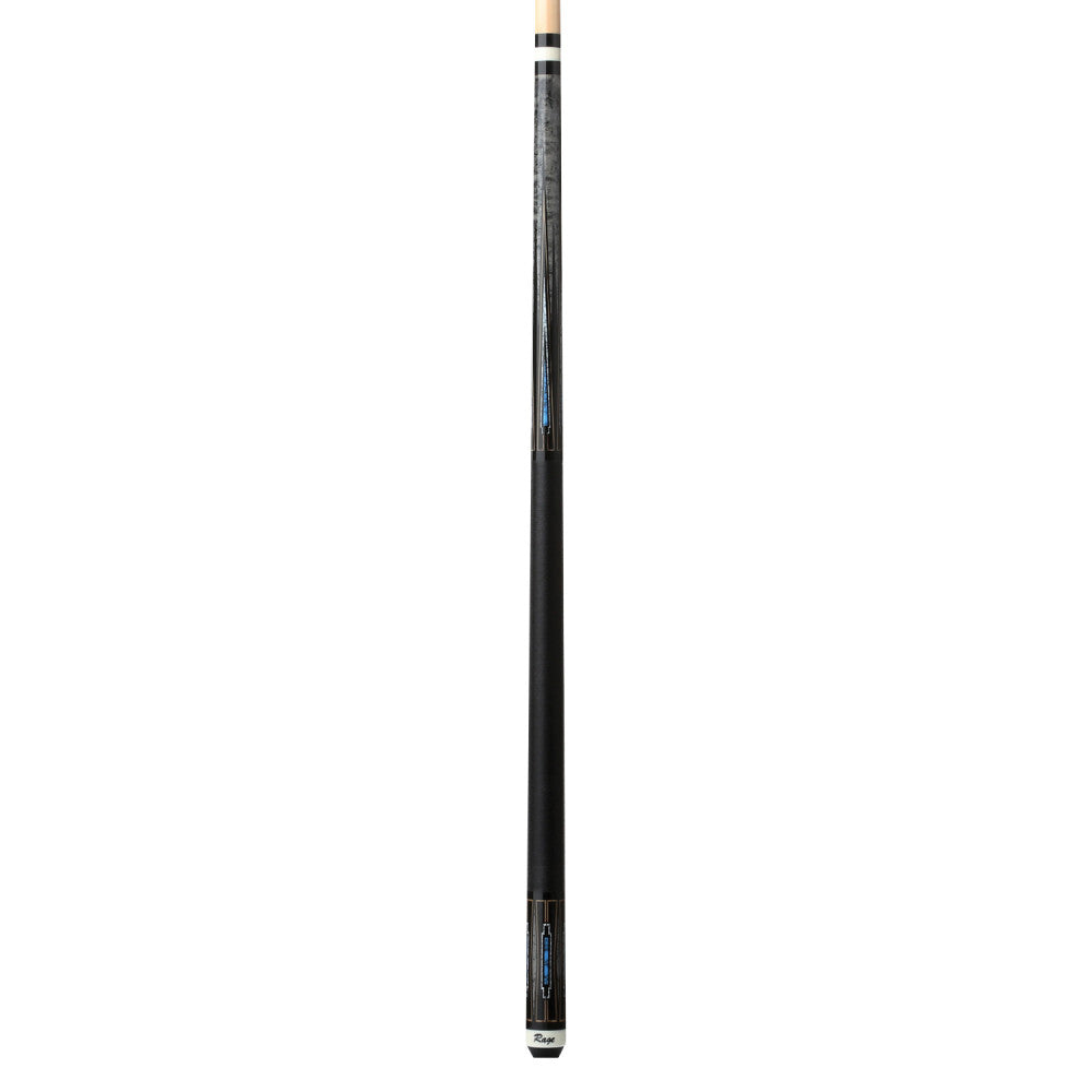 Full view of the Blue Deco pool cue with black wrap and decorative graphic