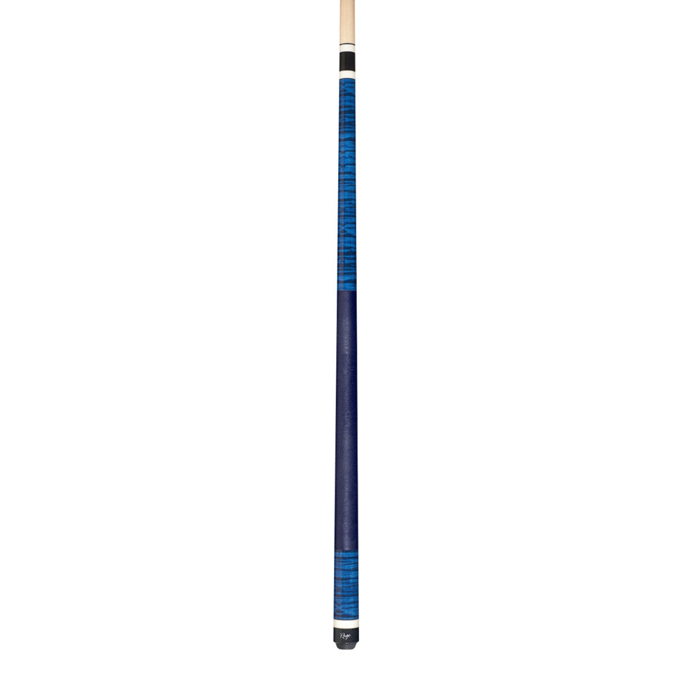 Full view of a pool cue with blue wood grain.