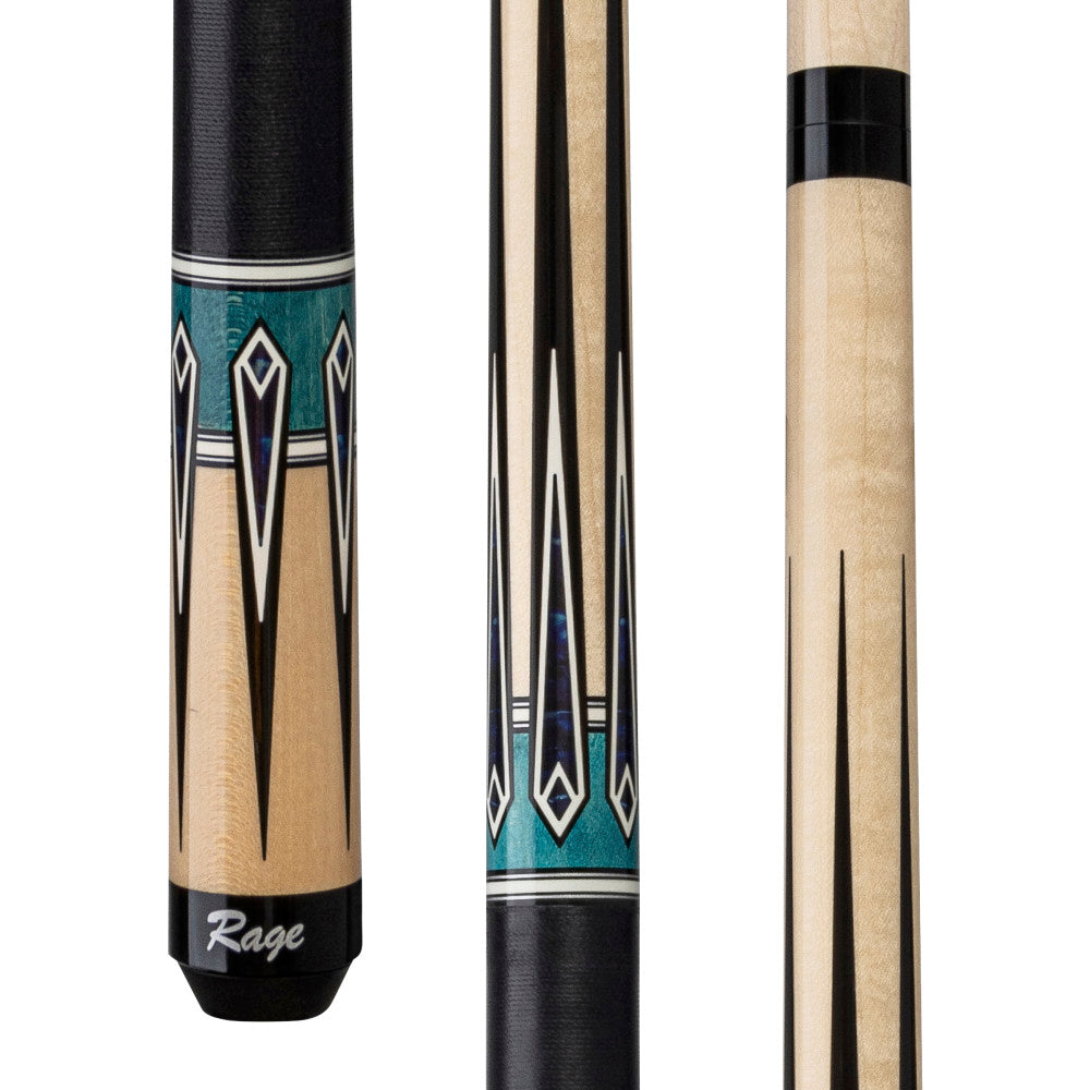 Rage Blue River pool cue butt with black linen wrap and diamond graphic design.