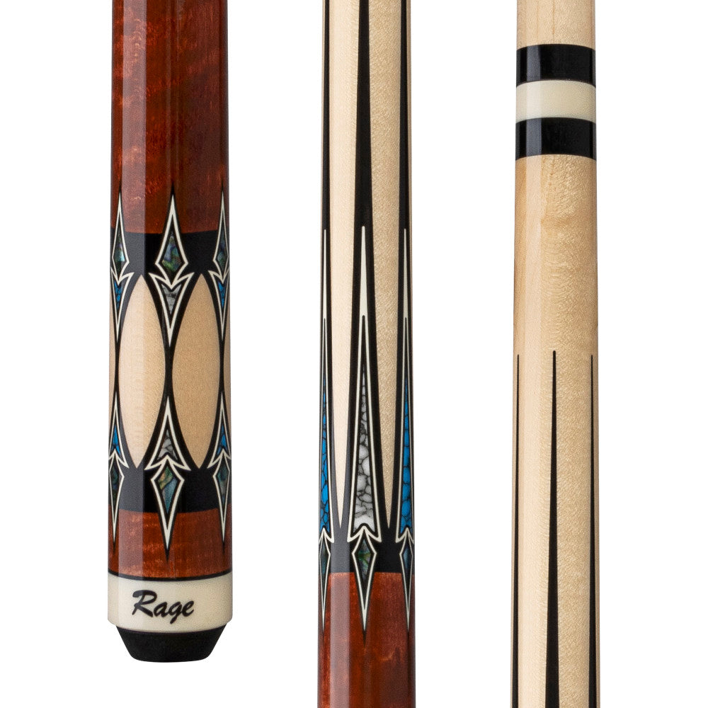 Rage RG218 wrapless pool cue sections showing inlay designs and joint.