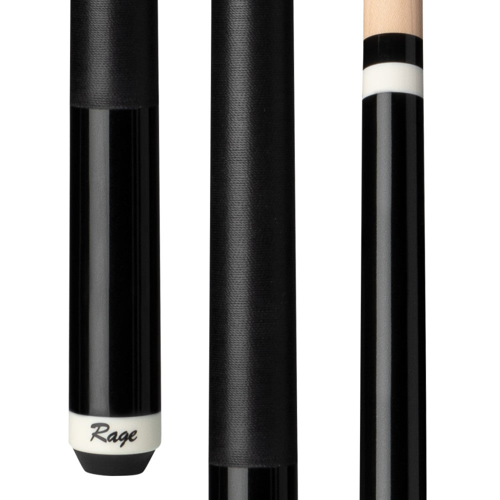 Detailed view of cue butt with black wrap and white ferrule.