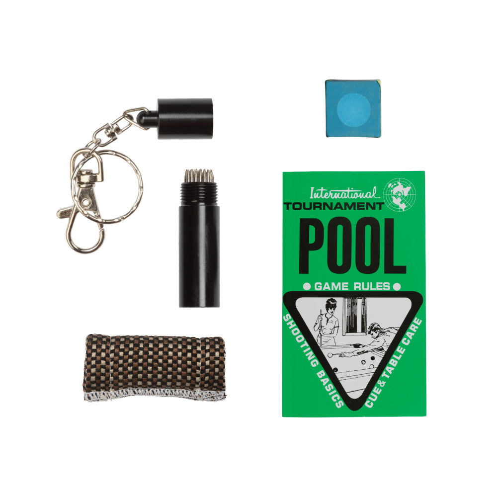 Assorted billiard accessories including a tip repair tool and rule book.