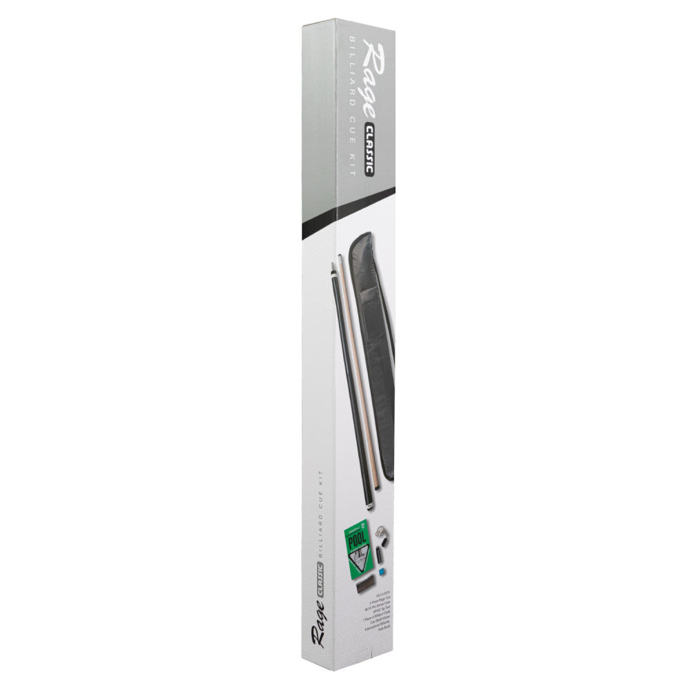 Tall packaging for Classic Billiard Cue Kit displaying product details.