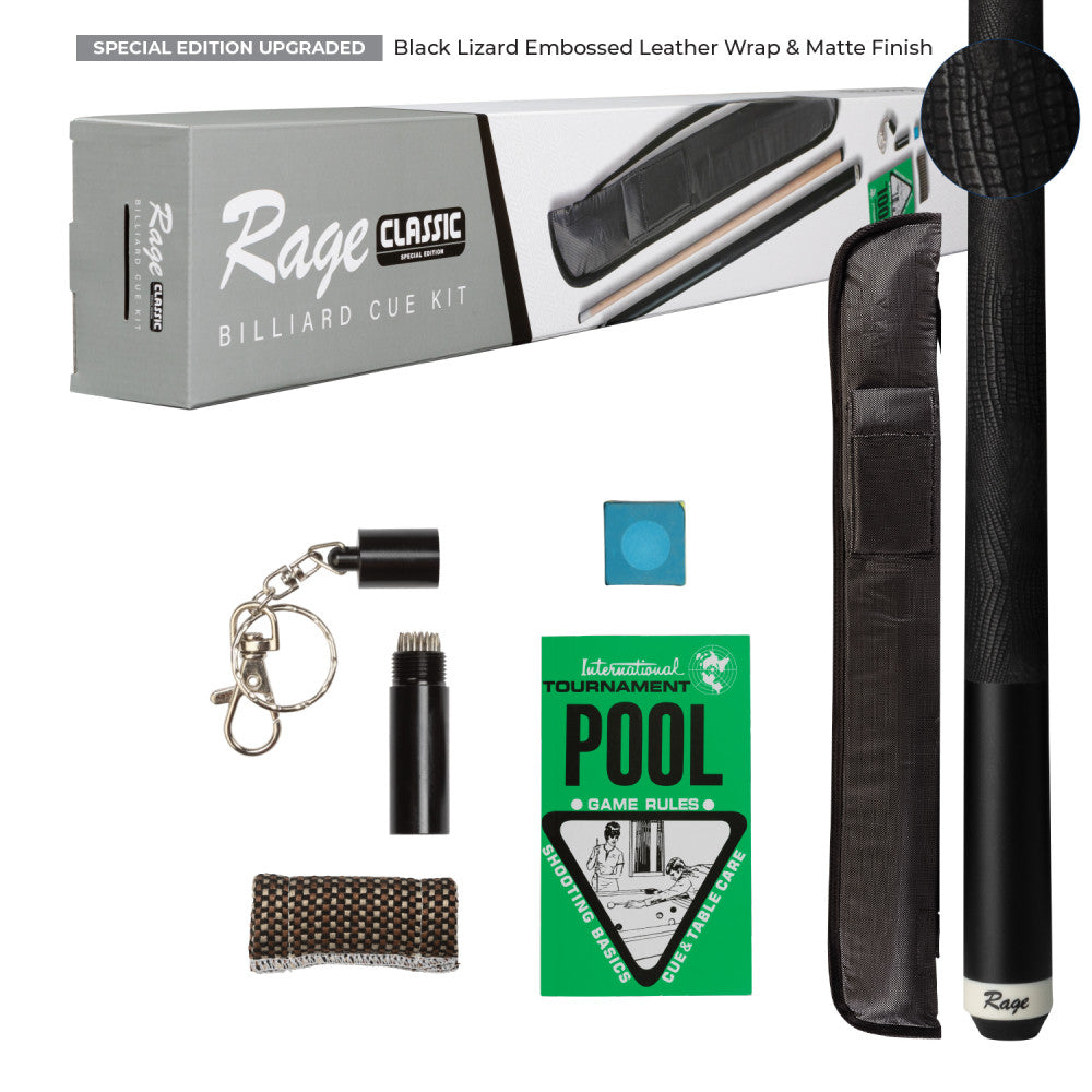 Rage Classic Billiard Cue Kit with accessories laid out. RGPSBLK