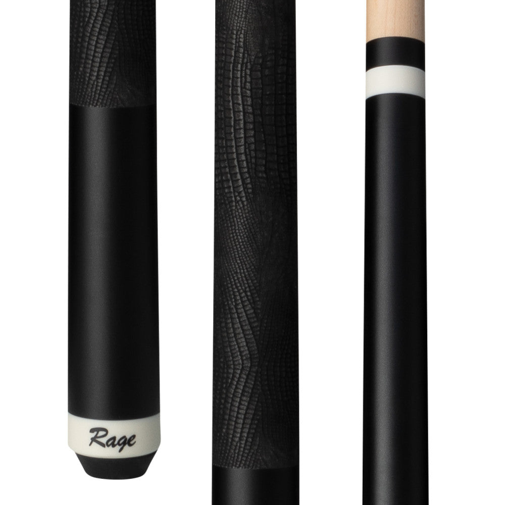 Close-up of cue butt featuring black lizard embossed leather wrap.