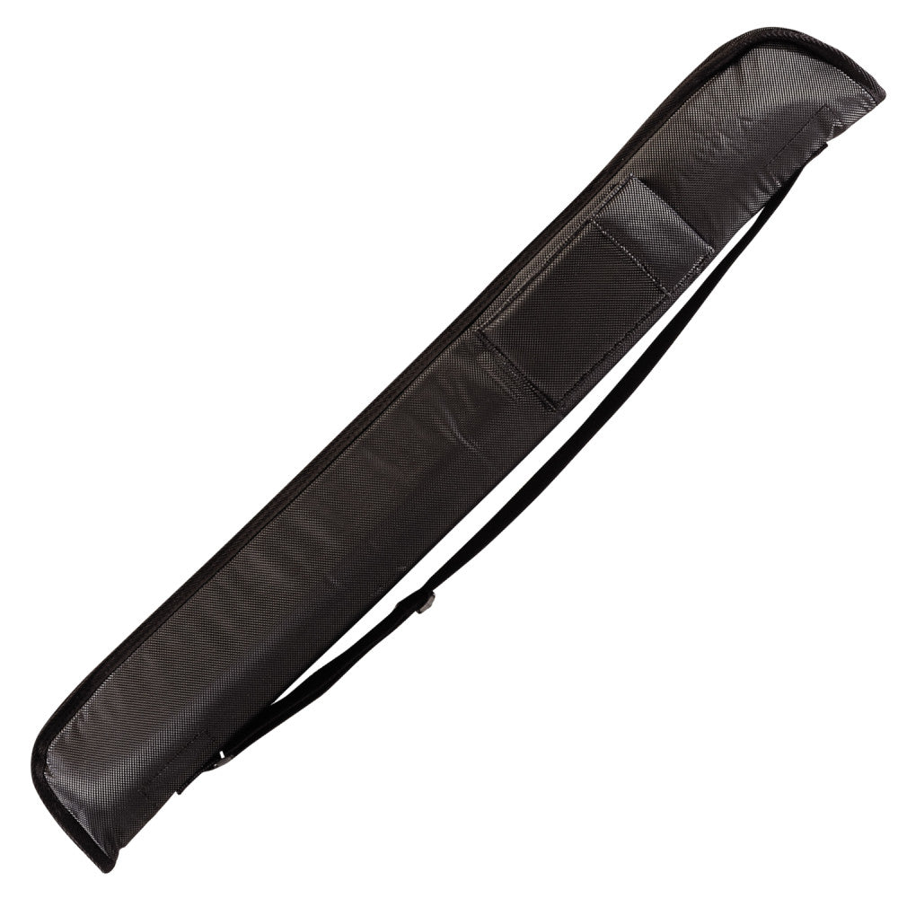 Black billiard cue case with adjustable strap shown from an angle.