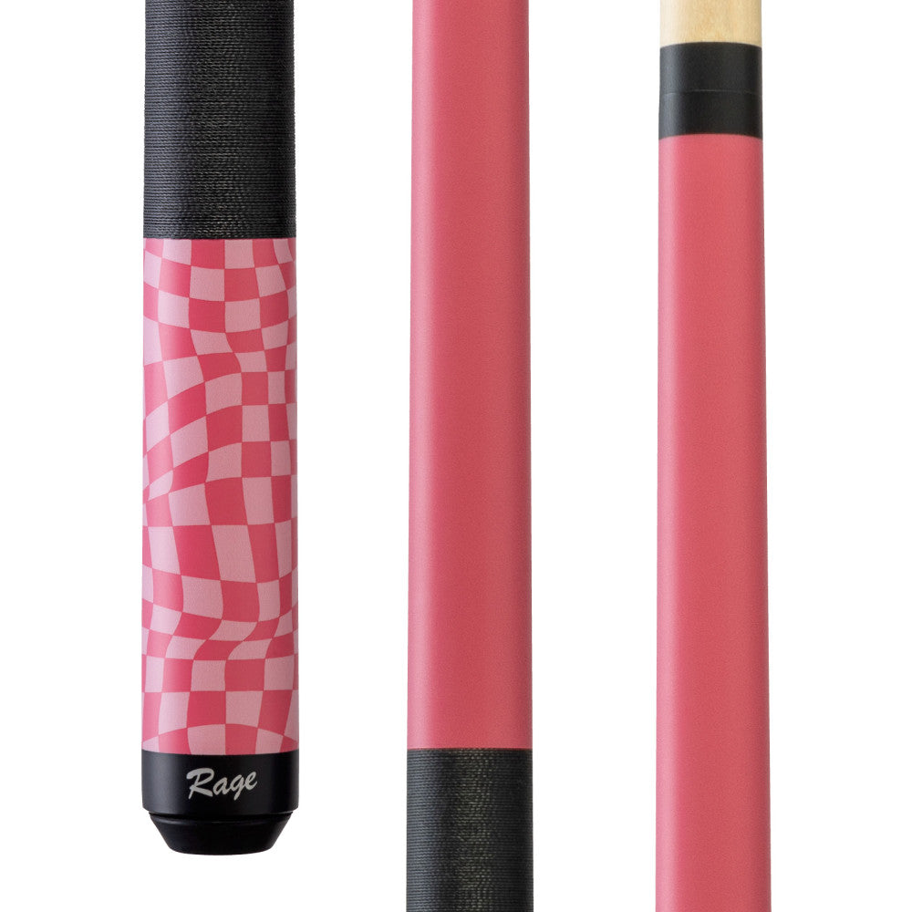Rage RG09 two-piece cue with pink checker flag butt and black grip.