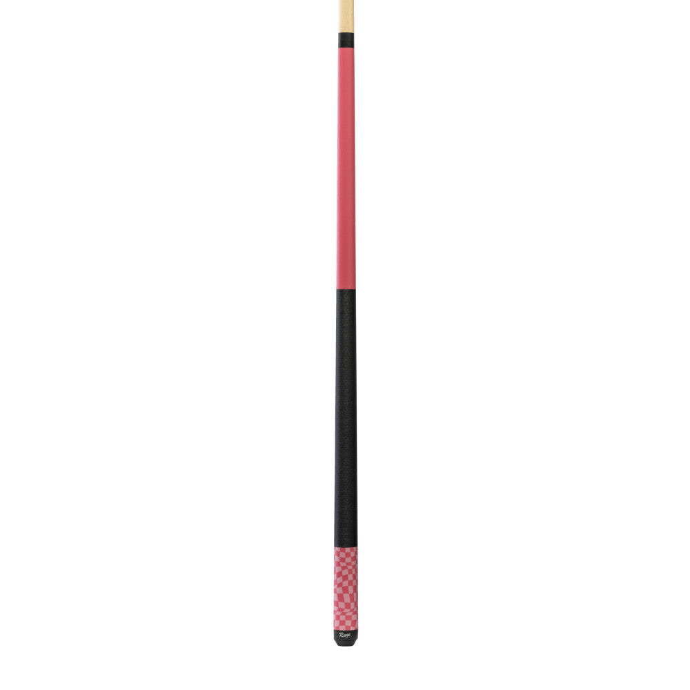 Full view of the pink checker flag pool cue on a white background.