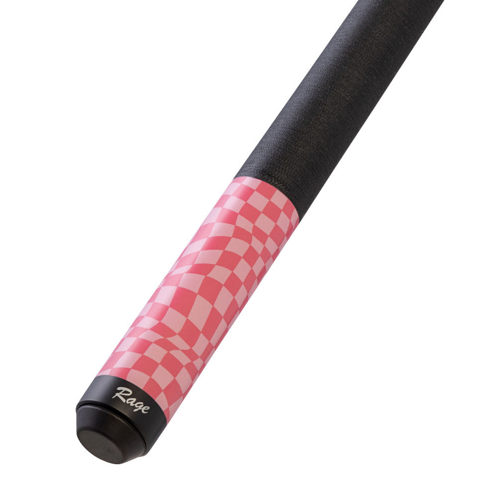 Close-up angled view of the black linen wrap and pink checker flag butt.