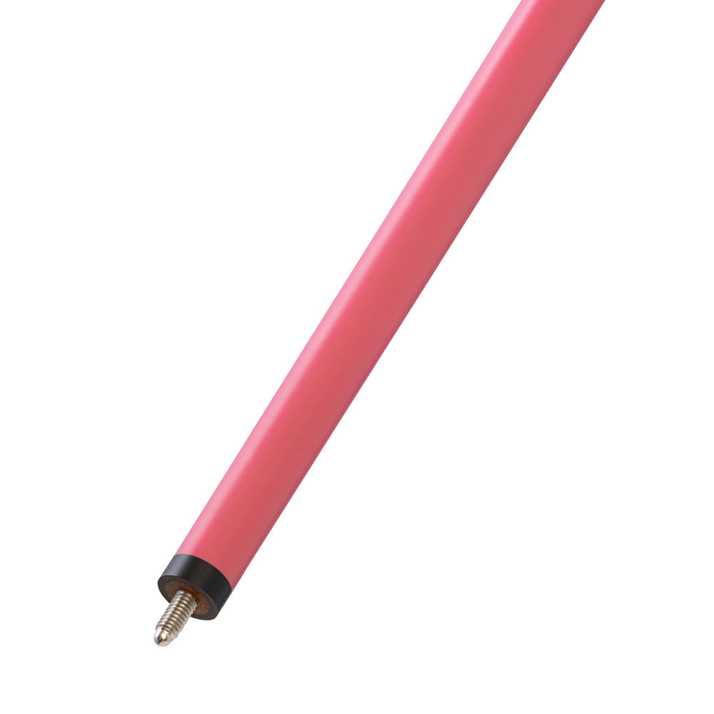 Partial view of the pink cue shaft showing the ferrule and threaded insert.