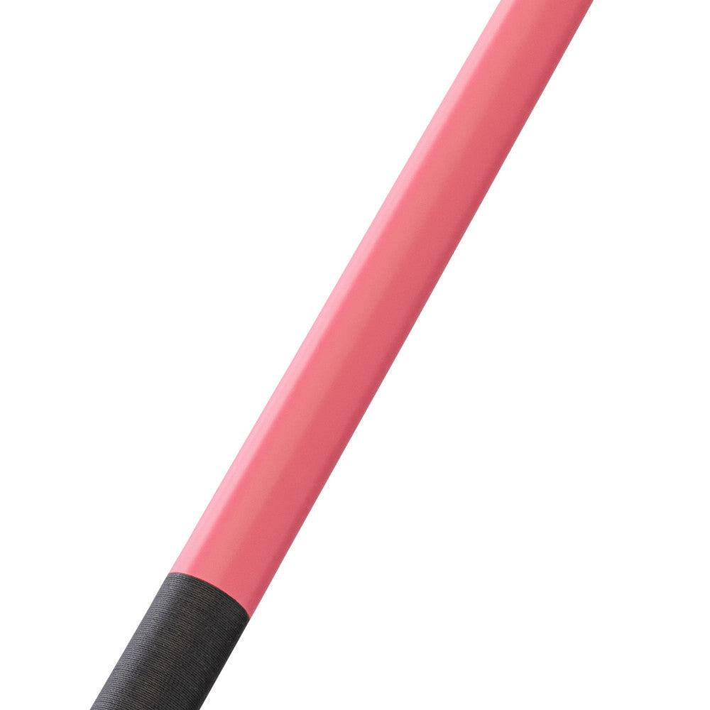 Detail shot of the pink cue shaft connecting to the black grip section.