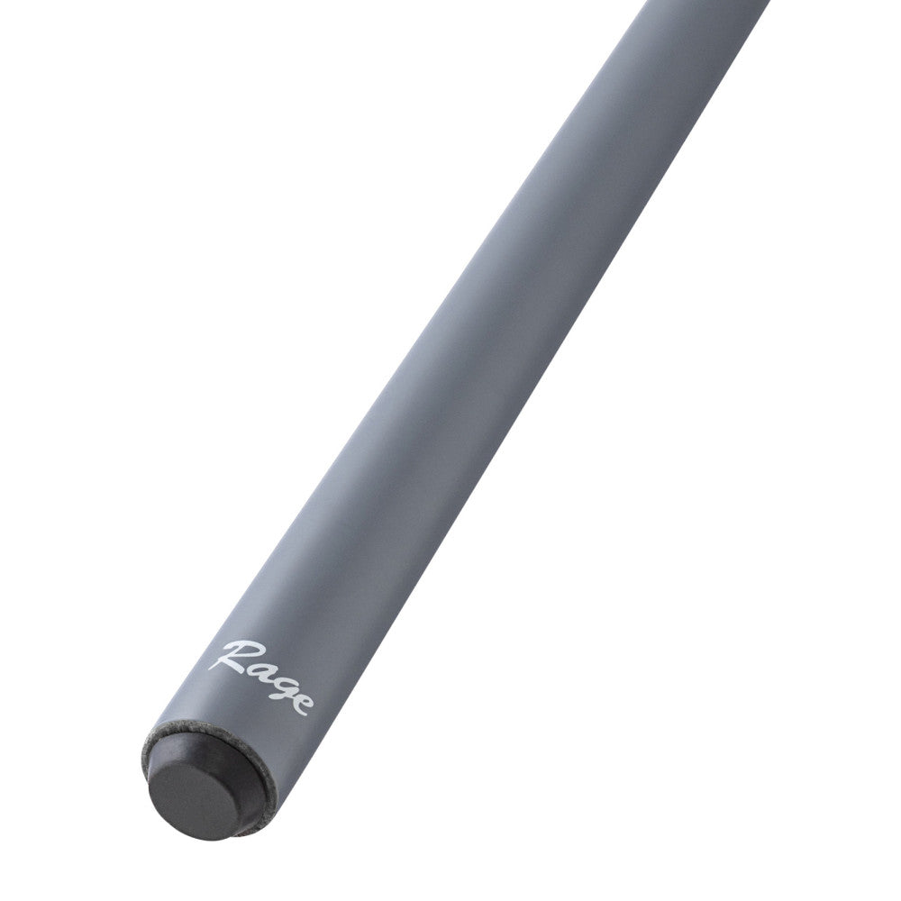 Close-up angled view of the cue butt with black bumper.