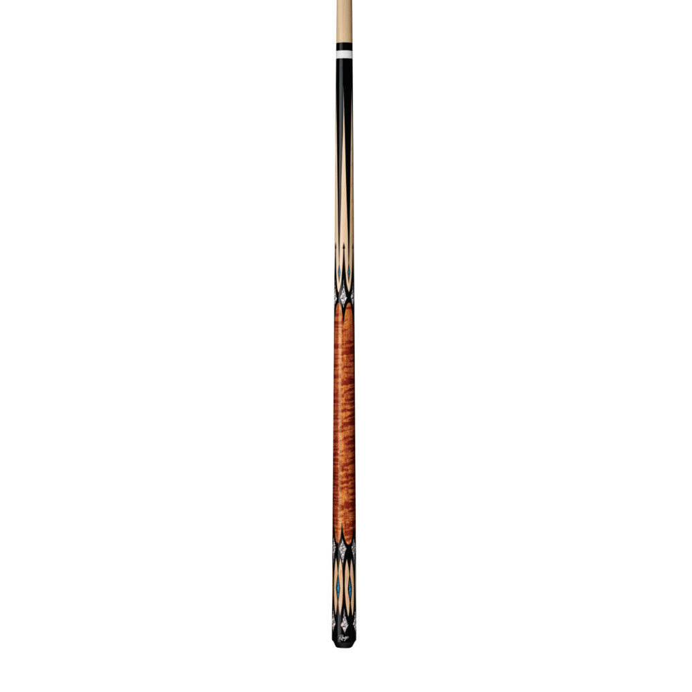 Full view of a cue with a brown curly maple handle and decorative graphic
